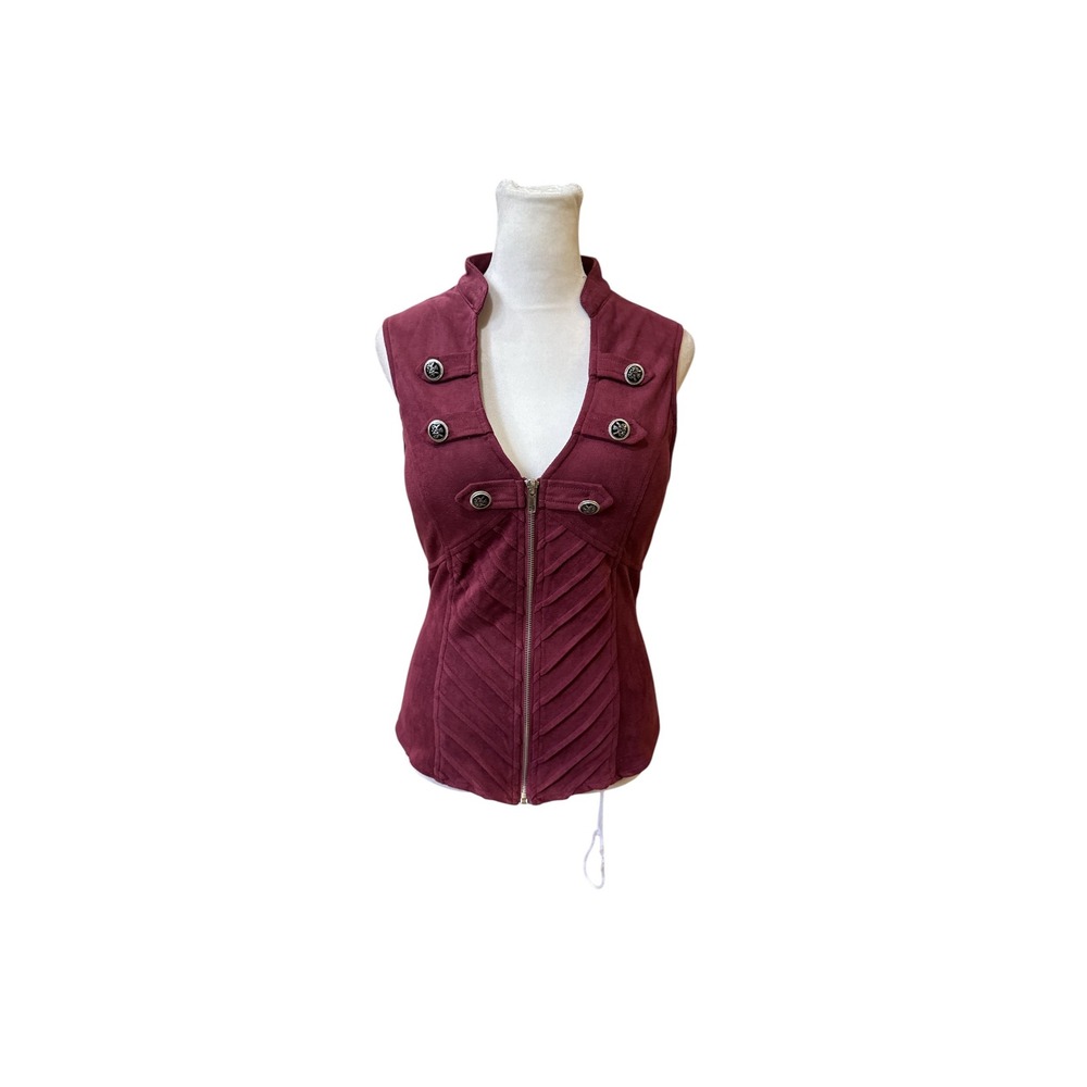 Lydia USA Burgundy Faux Suede Military Vest Strappy Lattice Back‎ Top Large